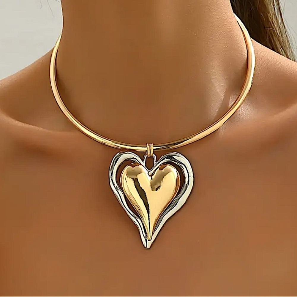 Boho Gold Silver Heart Charm Statement Pendant Necklace